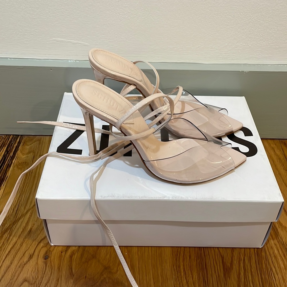 schutz light pink lace up stilettos